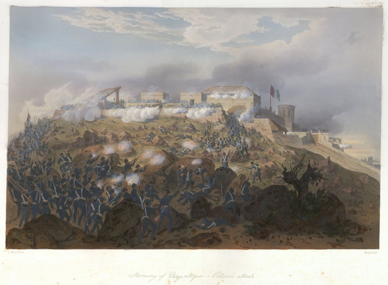 Storming of Chapultepec-Pillows angreb (13. september 1847) i den mexicansk-amerikanske krig. af Lithograph by Adolphe Jean Baptiste Bayot