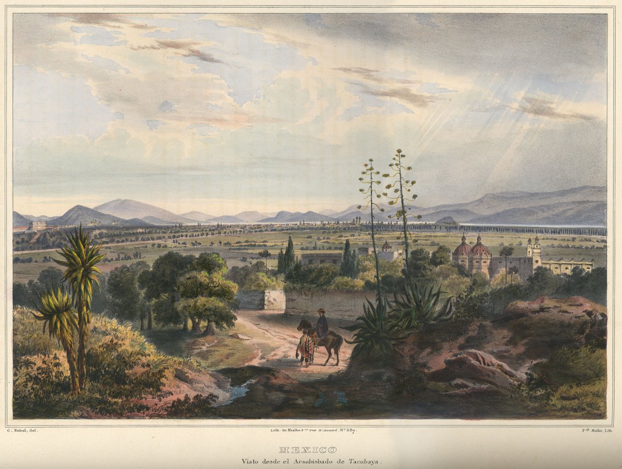 Mexico, besøg af Arzobispado de Tacubaya. Mexico City set fra Tacubaya. Håndfarvet litografi fremhævet med arabisk tyggegummi. Original størrelse (pæne linjer) af Frederic Mialhe