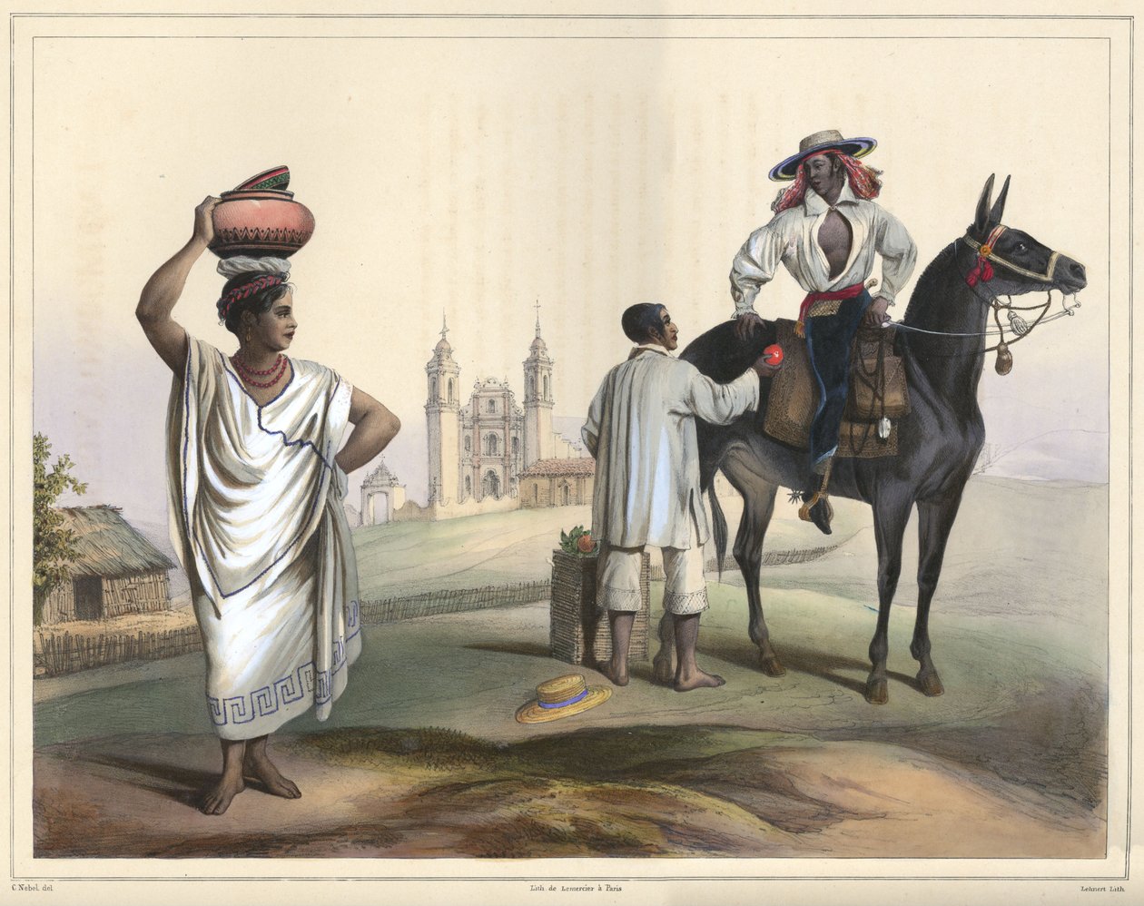 Gente de Tierra Caliente entre Papantla y Misantla. Kostumegruppe. Håndfarvet litografi fremhævet med arabisk tyggegummi. Original størrelse (pæne linjer) af Lithograph by Pierre Frédéric Lehnert