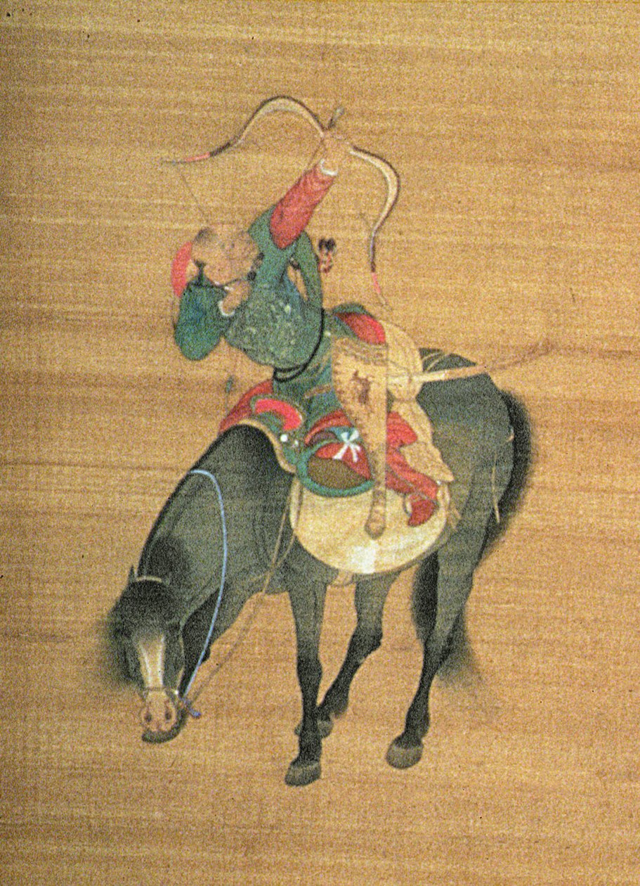 Kublai Khan (1214-94) på jagt (detalje), Yuan-dynastiet (blæk og farve på silke) (se 150417) af Liu Kuan tao