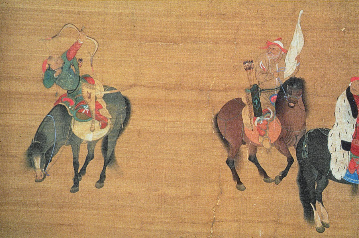 Kublai Khan (1214-94) på jagt (detalje), Yuan-dynastiet (blæk og farve på silke) (se 150417) af Liu Kuan tao