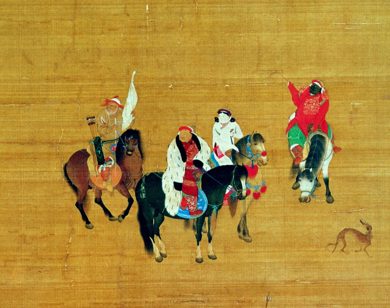Kublai Khan (1214-94) Jagt, Yuan-dynasti (blæk og farve på silke) (detaljer) af Liu Kuan tao