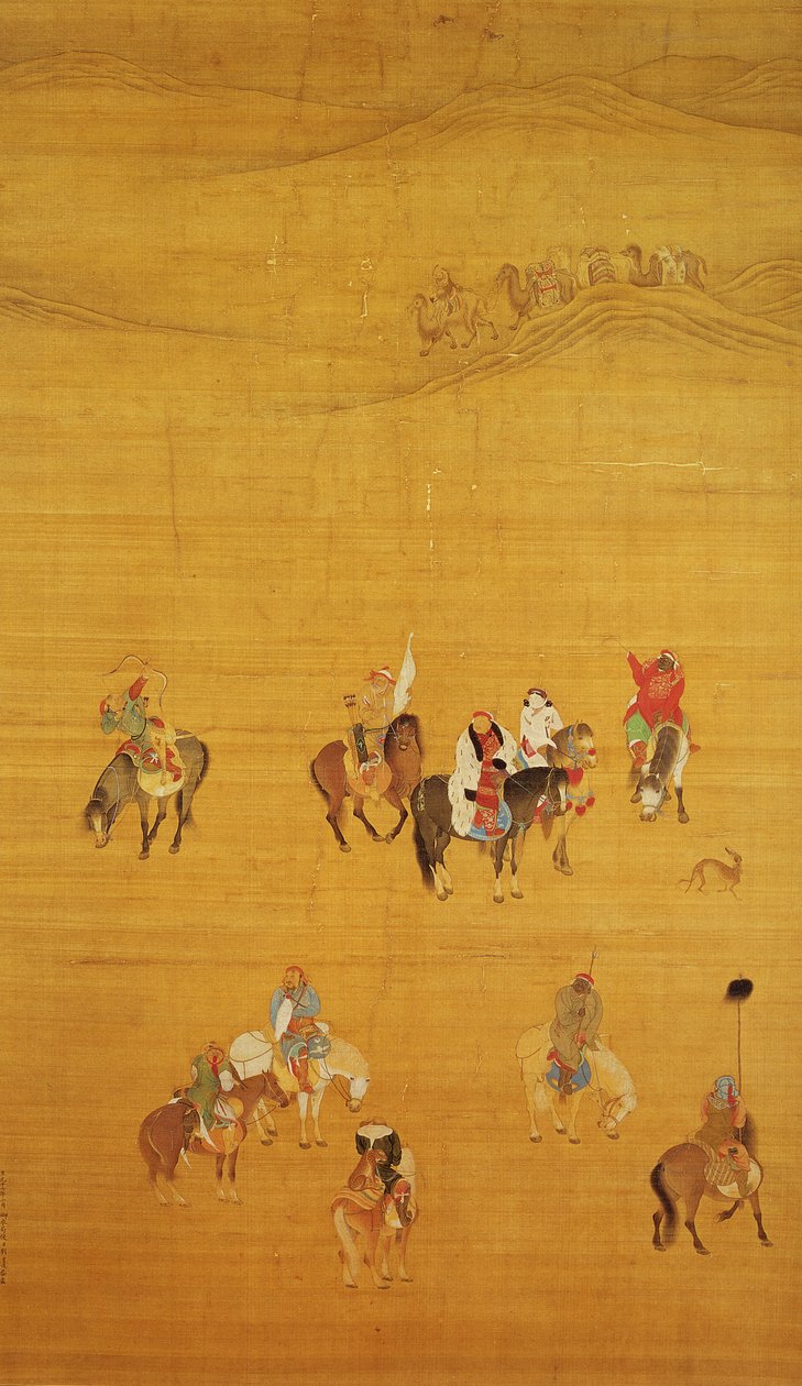 Kublai Khan (1214-94) Jagt, Yuan-dynasti (blæk og farve på silke) (se 110534 og 226021 for detaljer) af Liu Kuan tao