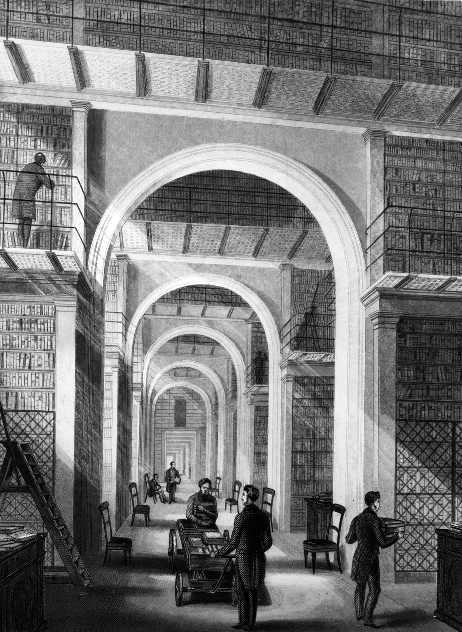 British Museum - Additional Library, graveret af E. Radclyffe, offentliggjort i "London Interiors", 1841 af Llewellyn Jewitt