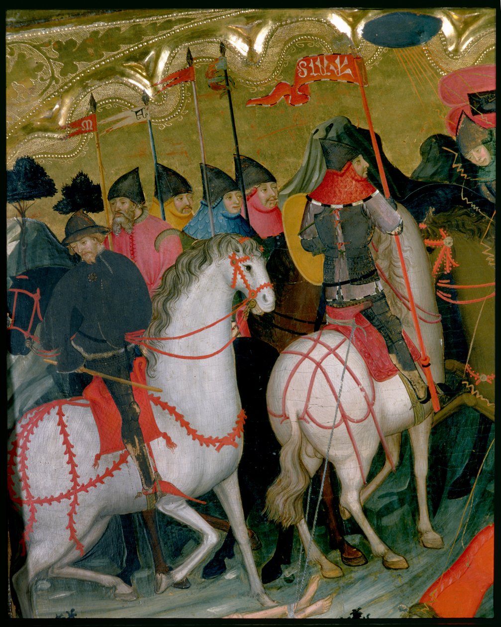 Beredne soldater, detalje fra Jomfruens og St. Georges altertavle, ca. 1390-1400 (tempera på panel) af Lluís Borrassà