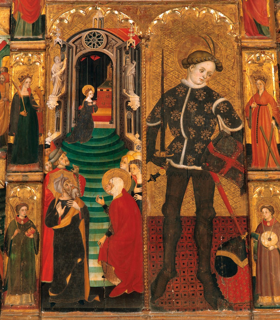 Gotisk periode. Altertavle af Jomfruen og Sankt Georg (Sant Jordi), af Lluis Borrassa (1360-1426). Træmaleri. Udført i Barcelona omkring 1390-1400. Detalje, Præsentation af Marie i templet og Sankt Georg (Sant Jordi / San Jorge) som ridder. Konve af Lluís Borrassà