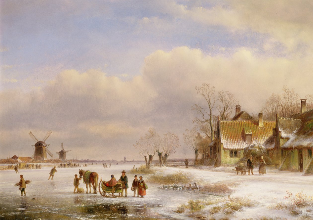 Snescene med vindmøller i det fjerne, 1800-tallet af Lodewijk Johannes Kleyn