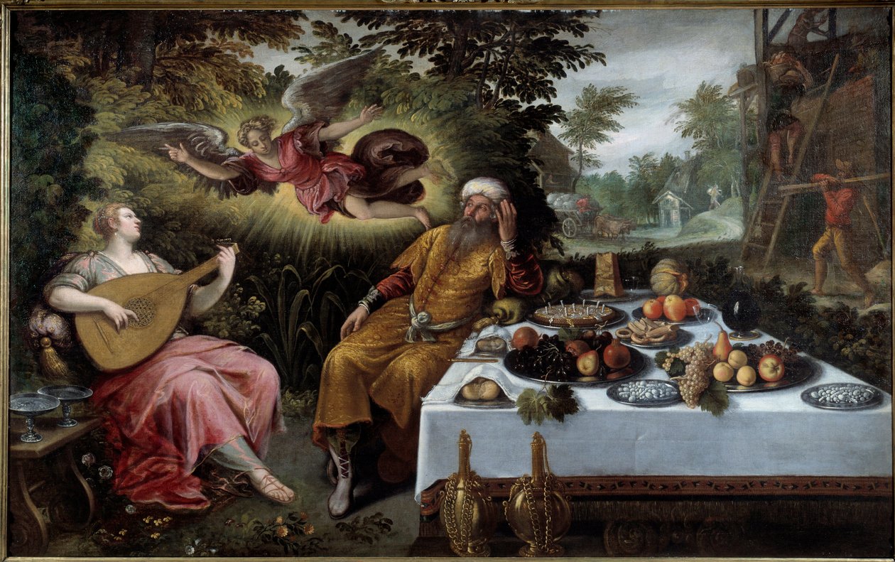 Forfængelighed af rigdomme eller melankolsk elendighed. Maleri af Ludovico Pozzoseratto (1550-1610) af Lodewijk Toeput