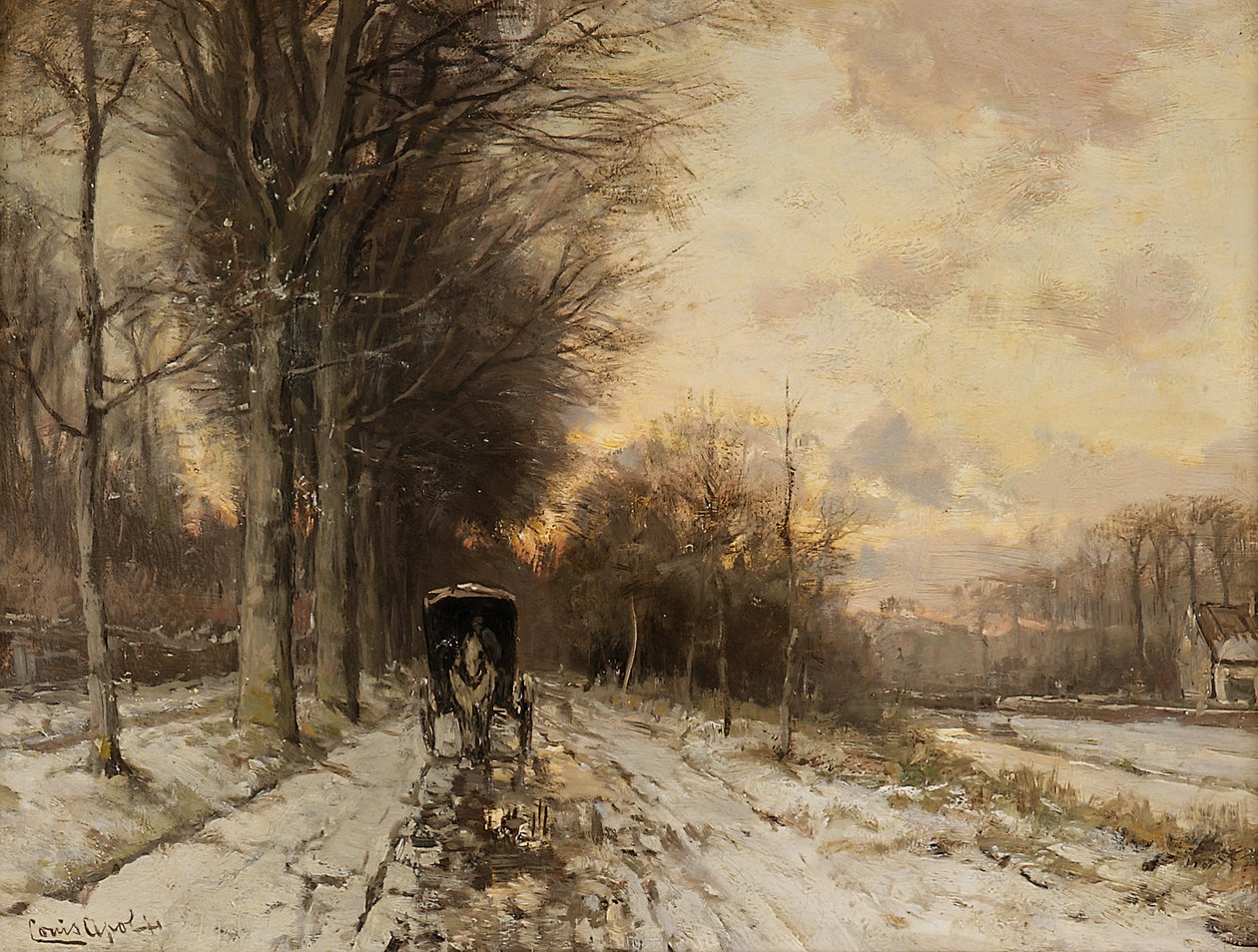 En hestevogn på en snedækket sti (olie på panel) af Lodewijk Frederik Hendrik (1850-1936) Apol