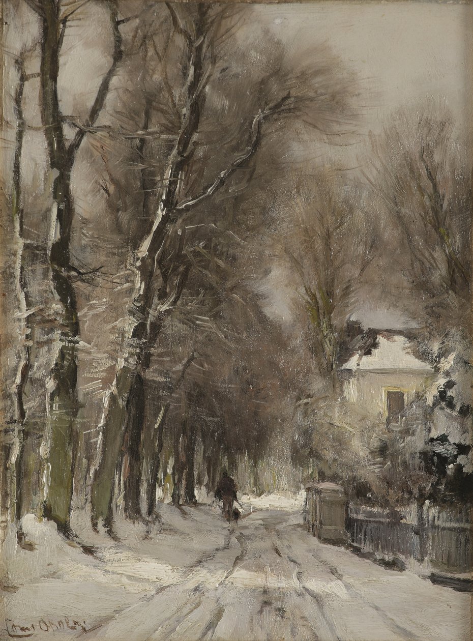 En snedækket sti om vinteren (olie på panel) af Lodewijk Frederik Hendrik (1850 1936) Apol