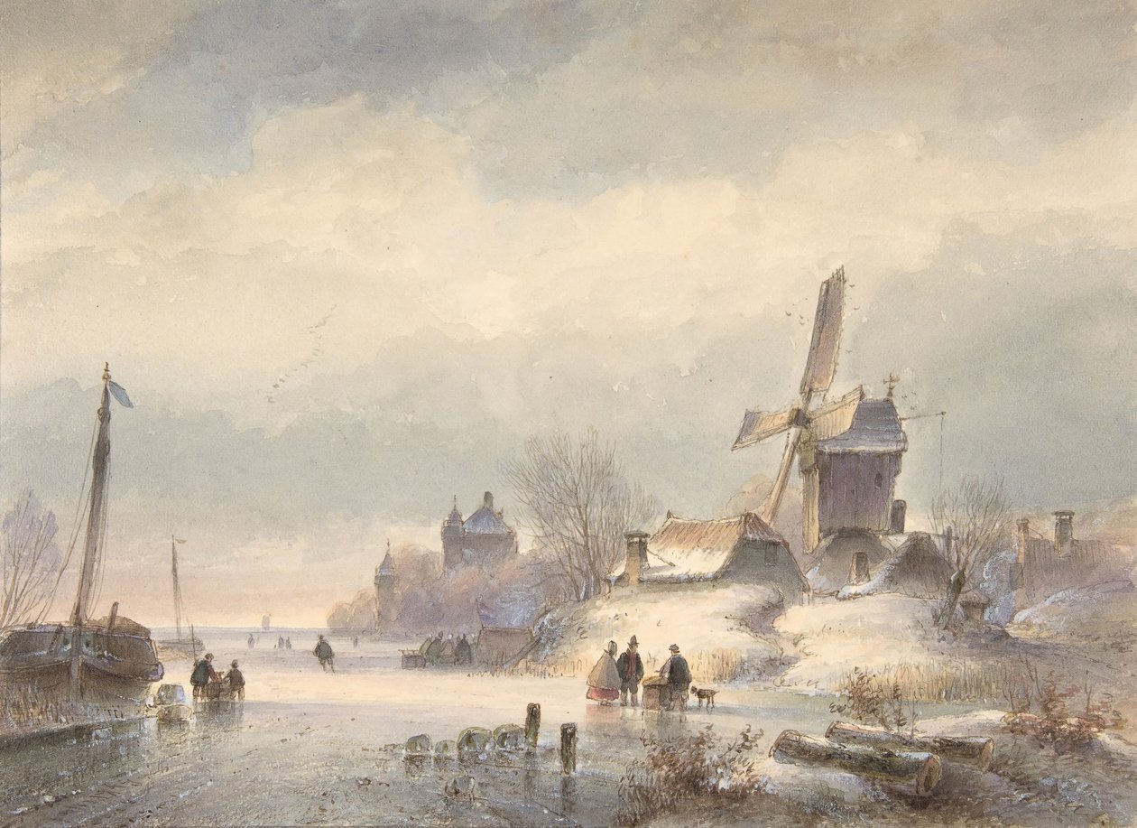 Vinterlandskab med frossen flod, 1800-tallet af Lodewijk Johannes Kleijn