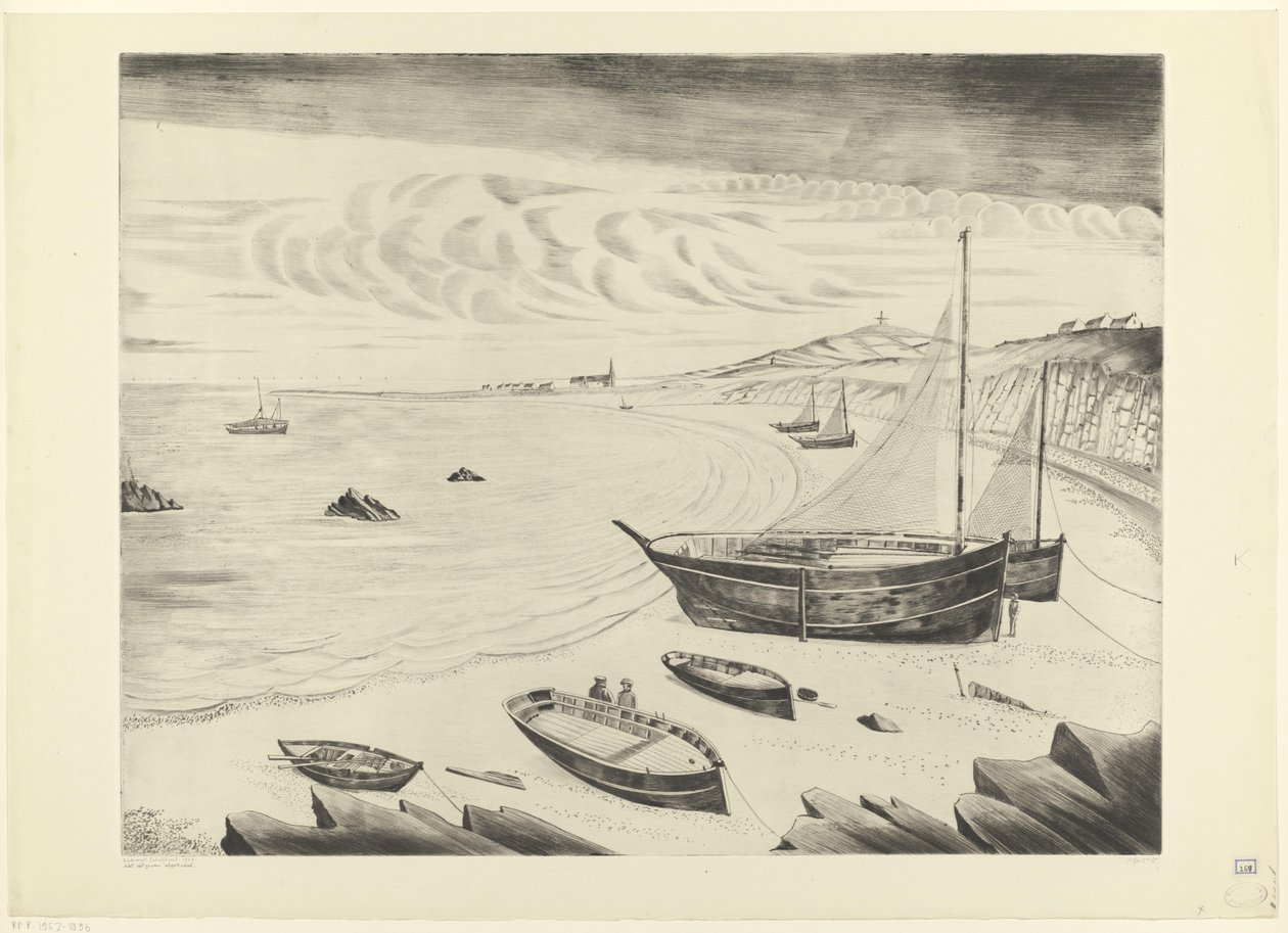 Otte fortøjede skibe på en strand Les Vaisseaux (original titel) af Lodewijk Schelfhout (signed by artist)