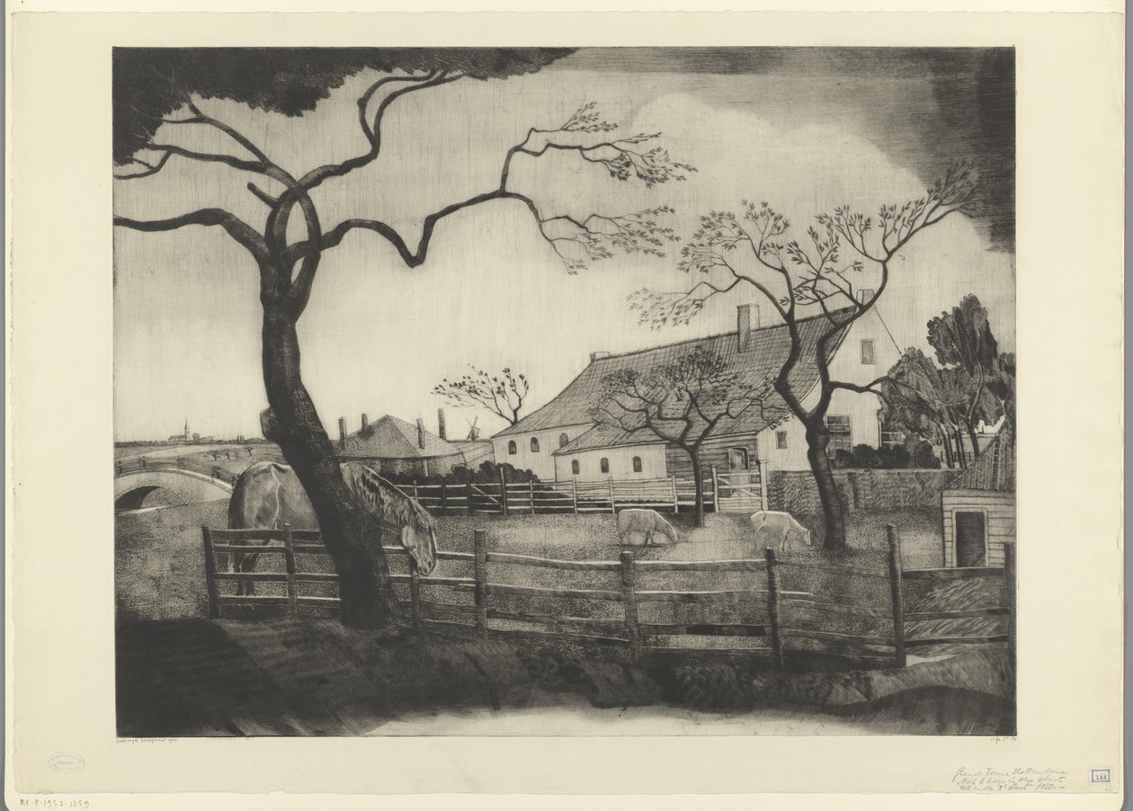 Gård med kvæg i Holland Grande ferme Hollandais (original titel) af Lodewijk Schelfhout (signed by artist)