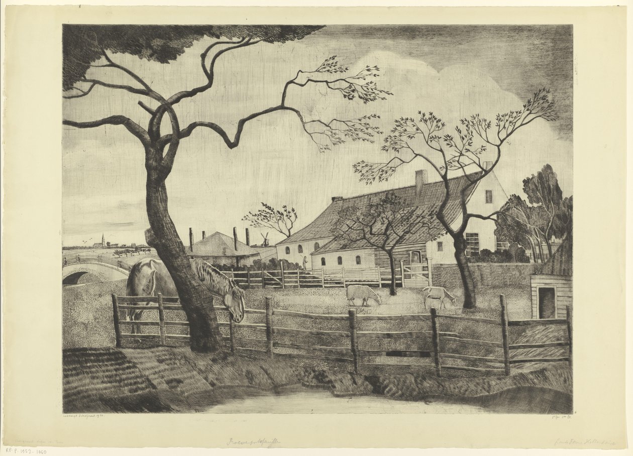 Gård med kvæg i Holland Grande ferme Hollandais (original titel) af Lodewijk Schelfhout (signed by artist)