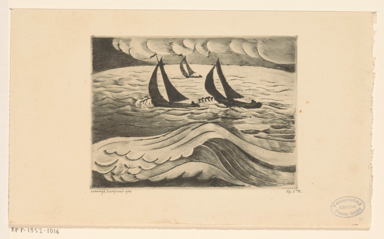 Tre sejlskibe på havet under en storm La Tempête (original titel) af Lodewijk Schelfhout (signed by artist)