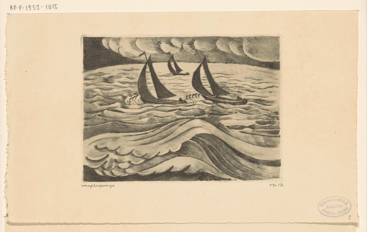 Tre sejlskibe på havet under en storm La Tempête (original titel) af Lodewijk Schelfhout (signed by artist)