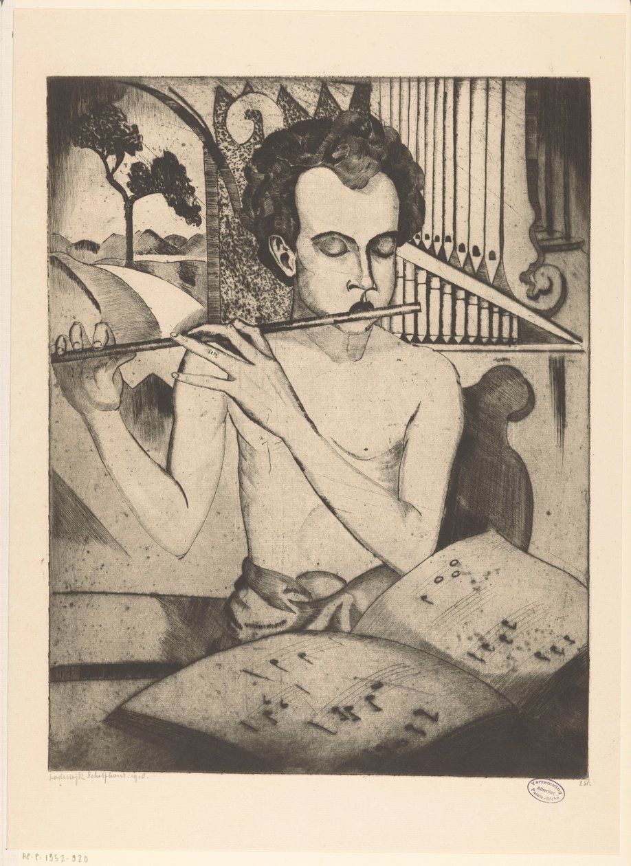 Halvnøgen dreng, der spiller fløjte Le Flûteur (original titel) af Lodewijk Schelfhout (signed by artist)