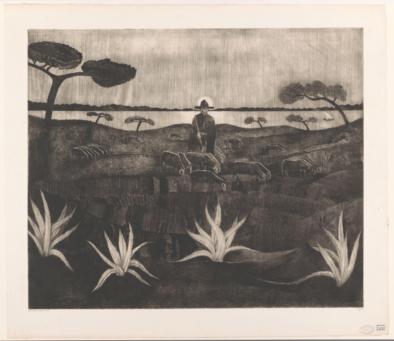 Hyrde med en flok får i et bakket landskab Le Troupeau (original titel) af Lodewijk Schelfhout (signed by artist)