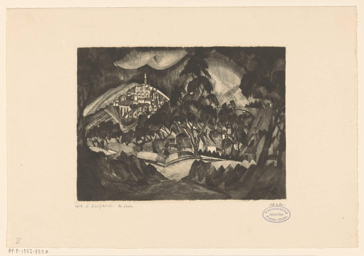 Bakket landskab med træer og bygninger Le Soir (original titel på objekt) af Lodewijk Schelfhout (signed by artist)