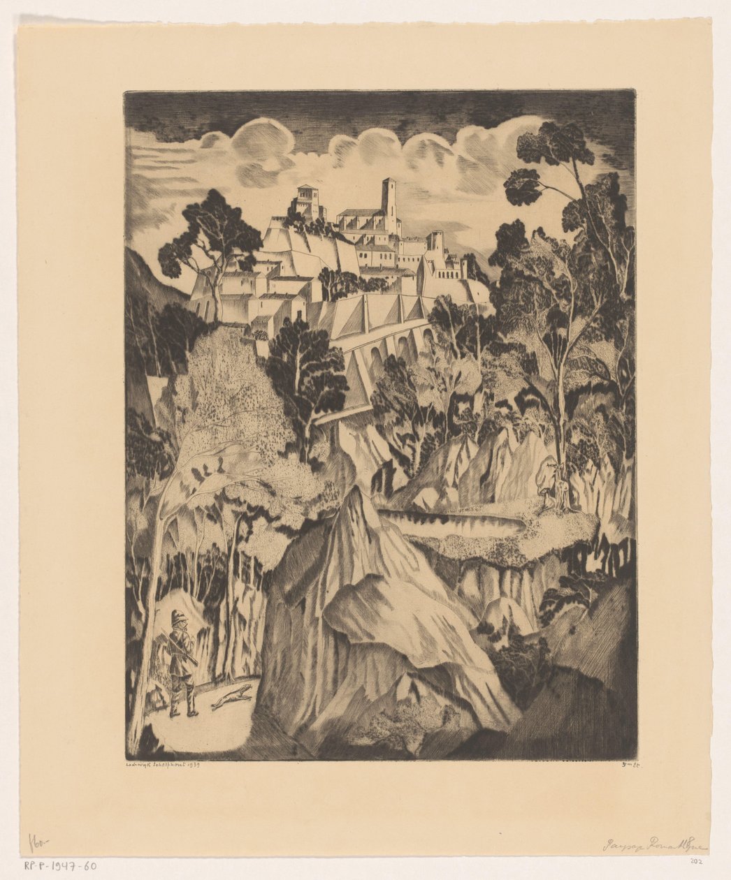 Bakket landskab med jæger Paysage romantic (original titel) af Lodewijk Schelfhout (signed by artist)