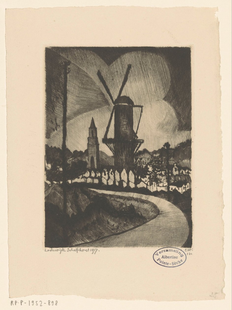 Bakket landskab med mølle Le Moulin (original titel) af Lodewijk Schelfhout (signed by artist)
