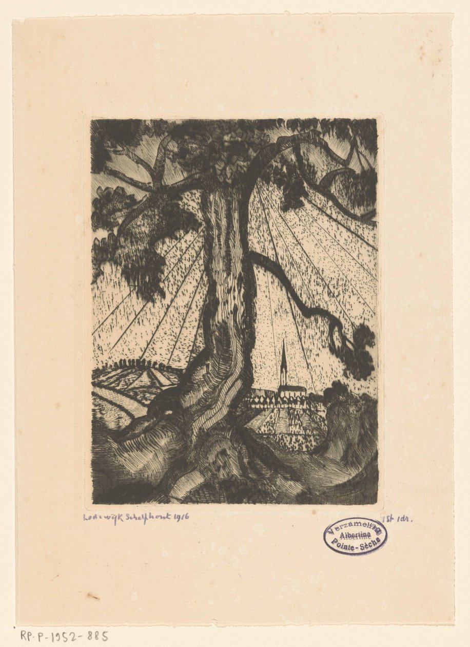 Bakket landskab med bebyggelse Le Village I (original titel) af Lodewijk Schelfhout (signed by artist)