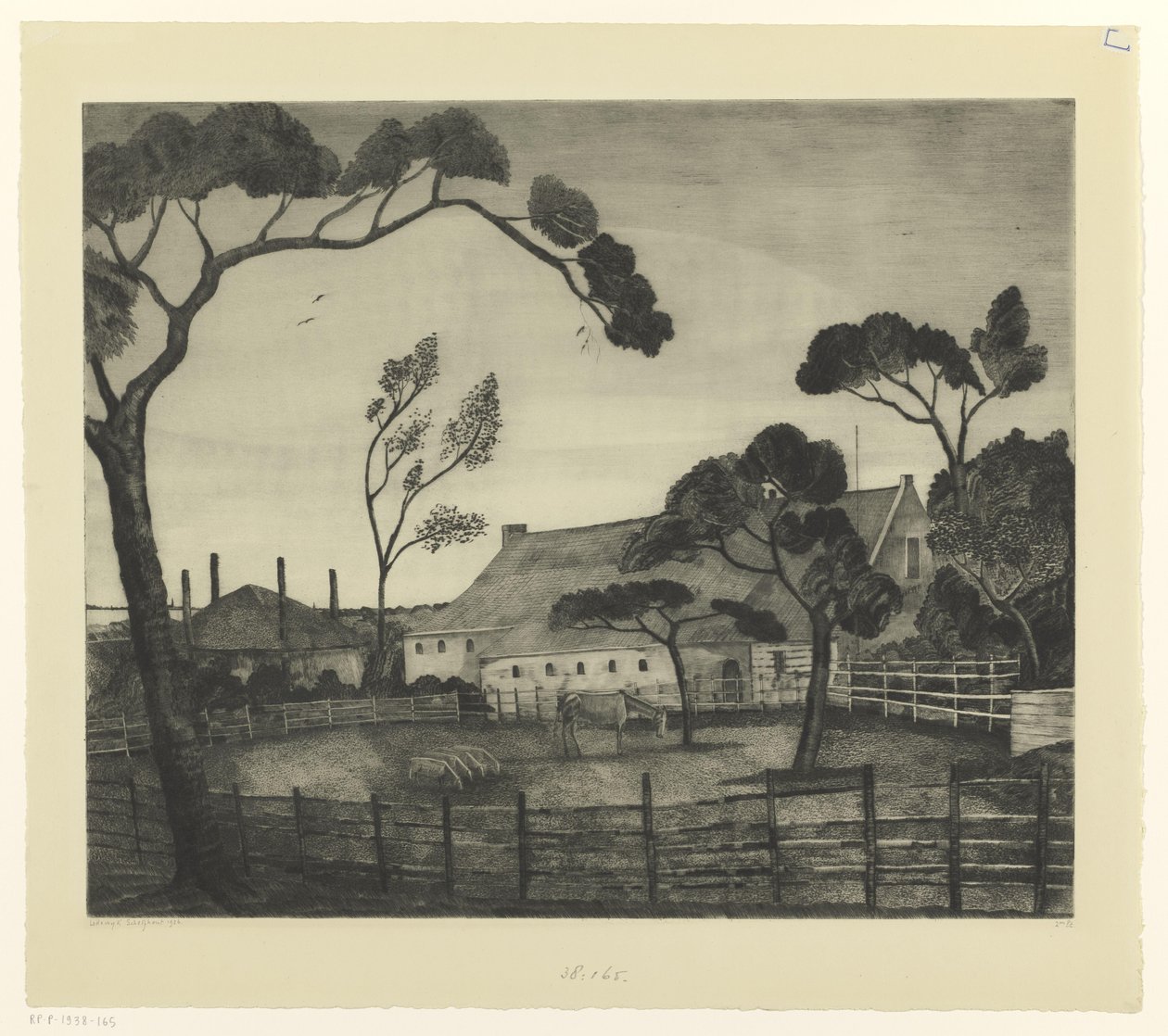 Hollandsk landskab med gård og eng Paysage Hollandais (original titel) af Lodewijk Schelfhout (signed by artist)