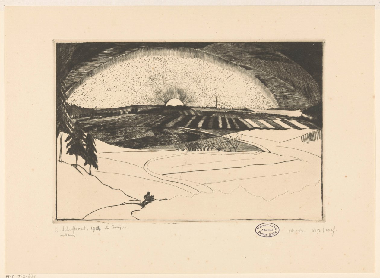 Opgående eller nedgående sol over et bakket landskab La Bruyere (original titel på objektet) af Lodewijk Schelfhout (signed by artist)