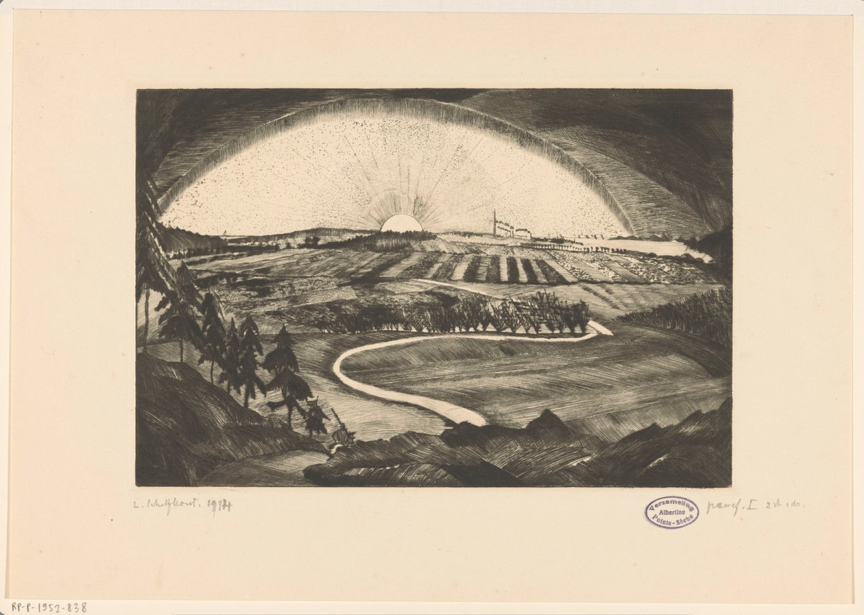 Opgående eller nedgående sol over et bakket landskab La Bruyere (original titel på objektet) af Lodewijk Schelfhout (signed by artist)