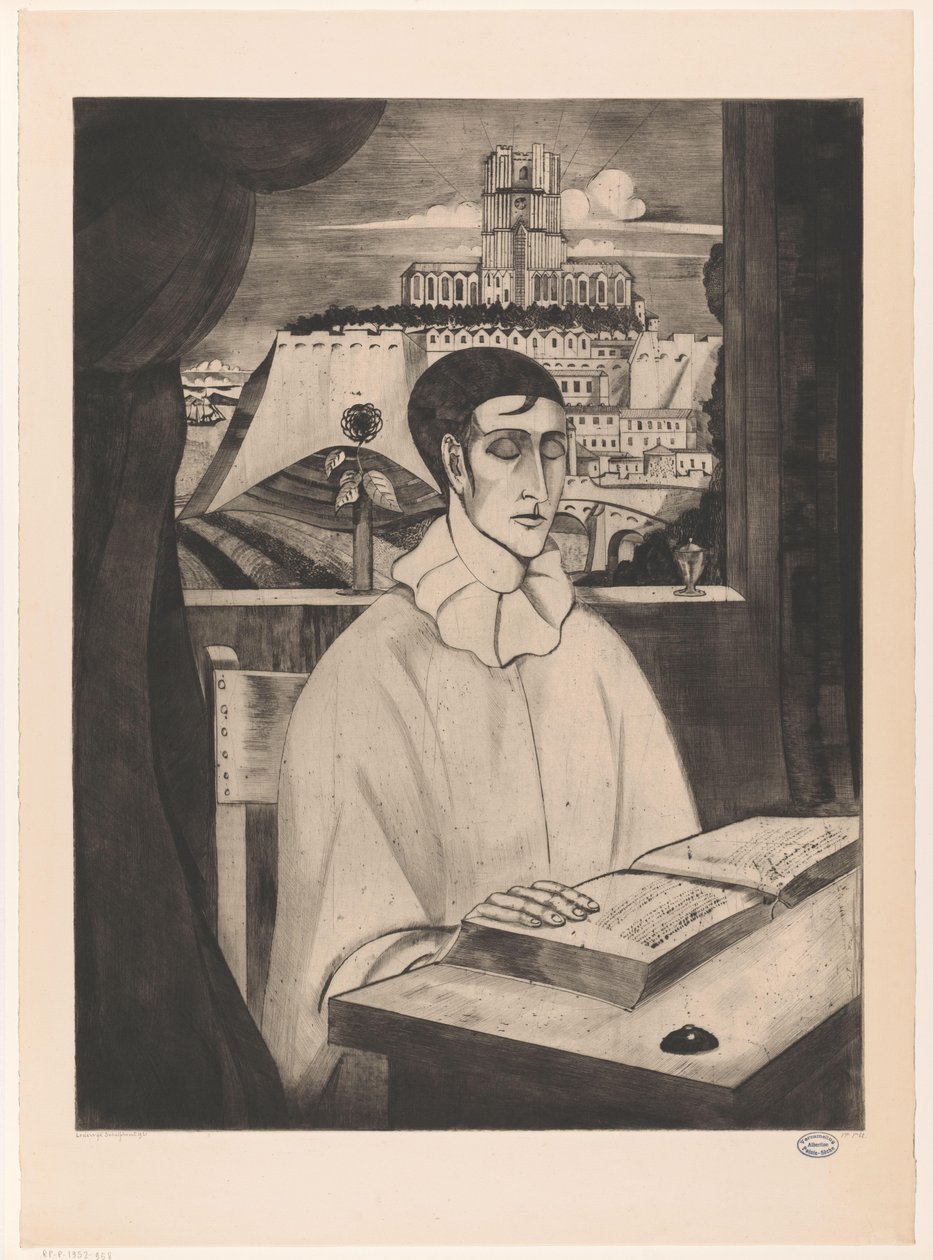 Pjerrot læser en bog Pierrot Meditant (original titel) af Lodewijk Schelfhout (signed by artist)