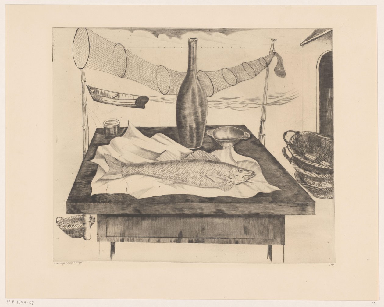 Stilleben med fisk, flaske og fiskenet Après la pêche (original titel) af Lodewijk Schelfhout (signed by artist)