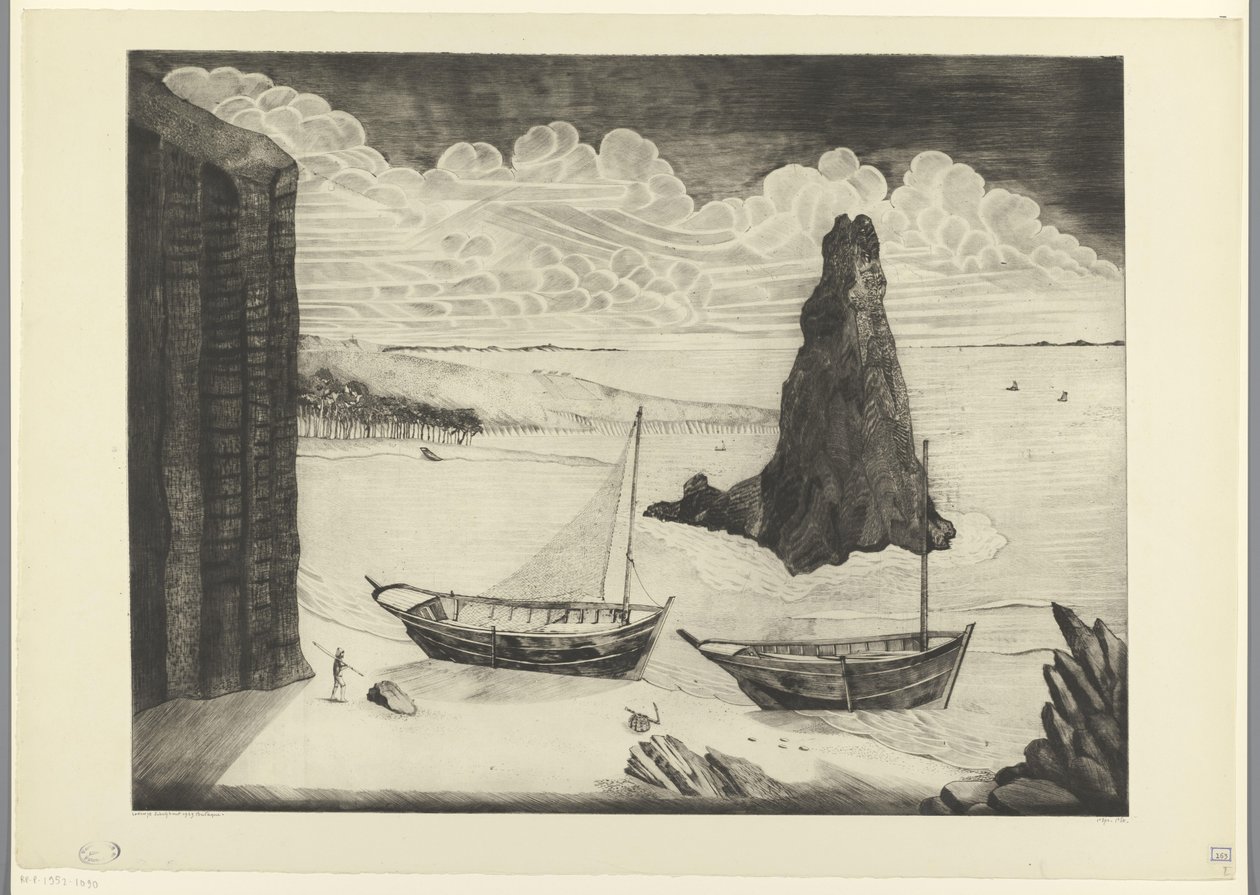 To fortøjede skibe på en strand Le Rocher (original titel) af Lodewijk Schelfhout (signed by artist)