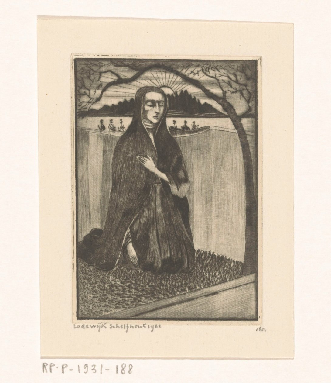 Kvinde ved en grav Femme au tombeau (original titel) af Lodewijk Schelfhout (signed by artist)