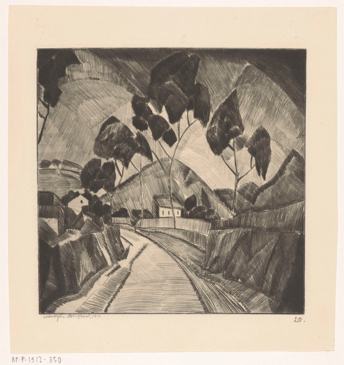 Vej i bakket landskab Le Chemin (original titel) af Lodewijk Schelfhout (signed by artist)