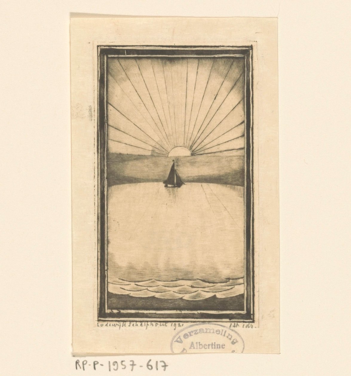 Sejlskib på havet ved opgående eller nedgående sol af Lodewijk Schelfhout (signed by artist)