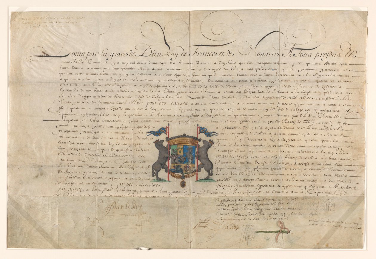 Diplom, hvor Ludvig XIV ophøjede Cornelis Lampsins til baron af Tobago og ridder af St. Michels orden af Lodewijk XIV (koning van Frankrijk) (signed by artist)