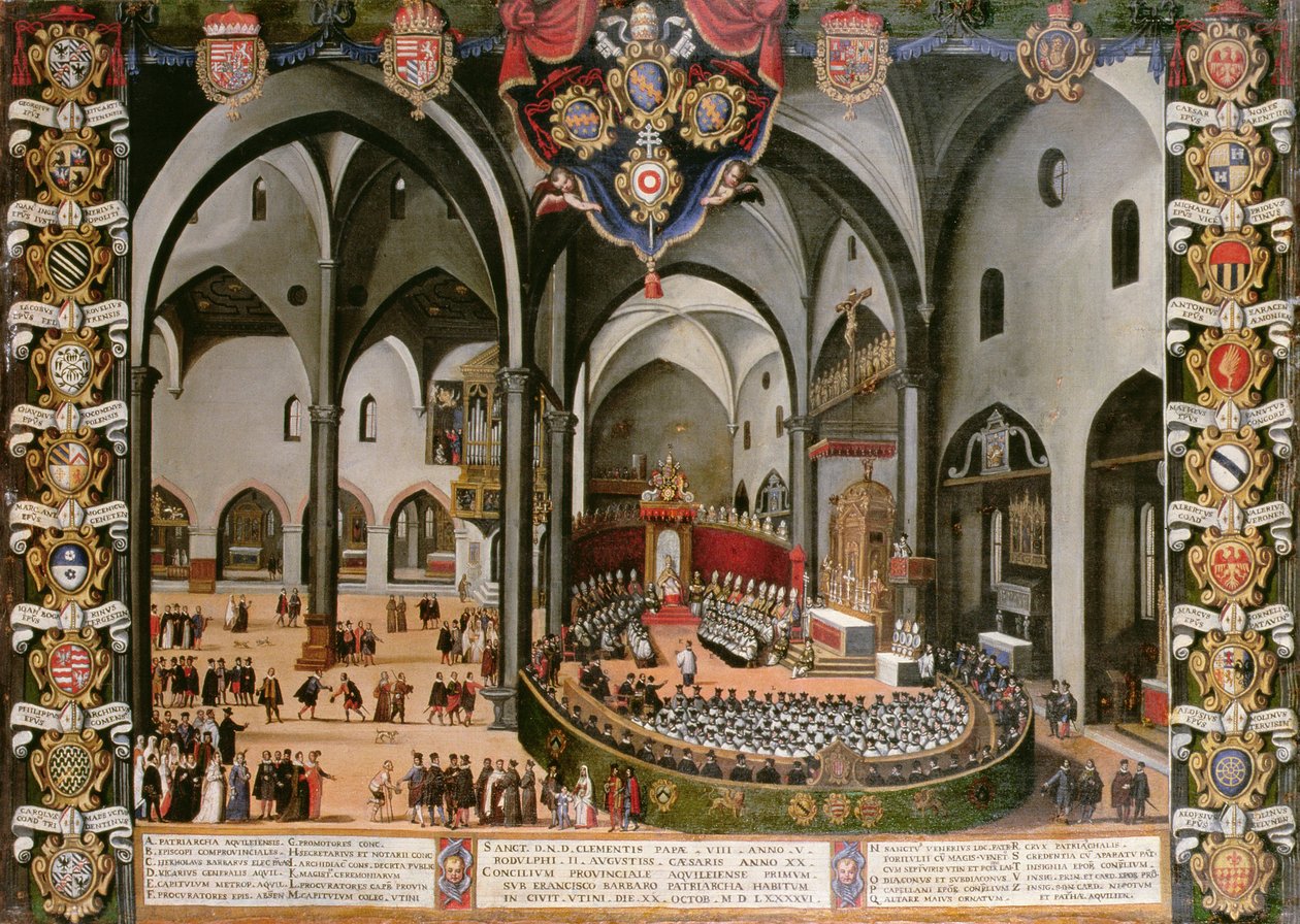 Orgeldør forestillende koncilet i Aquileia i 1596 i Udine af Lodovico Pozzerrato