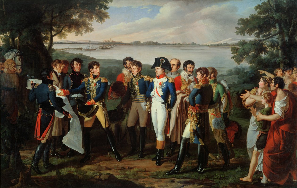 Napoleon (1769-1821) beordrer bro over Donau ved Ebersdorf for at nå øen Lobau den 19. maj 1809 af Lodovico Venuti
