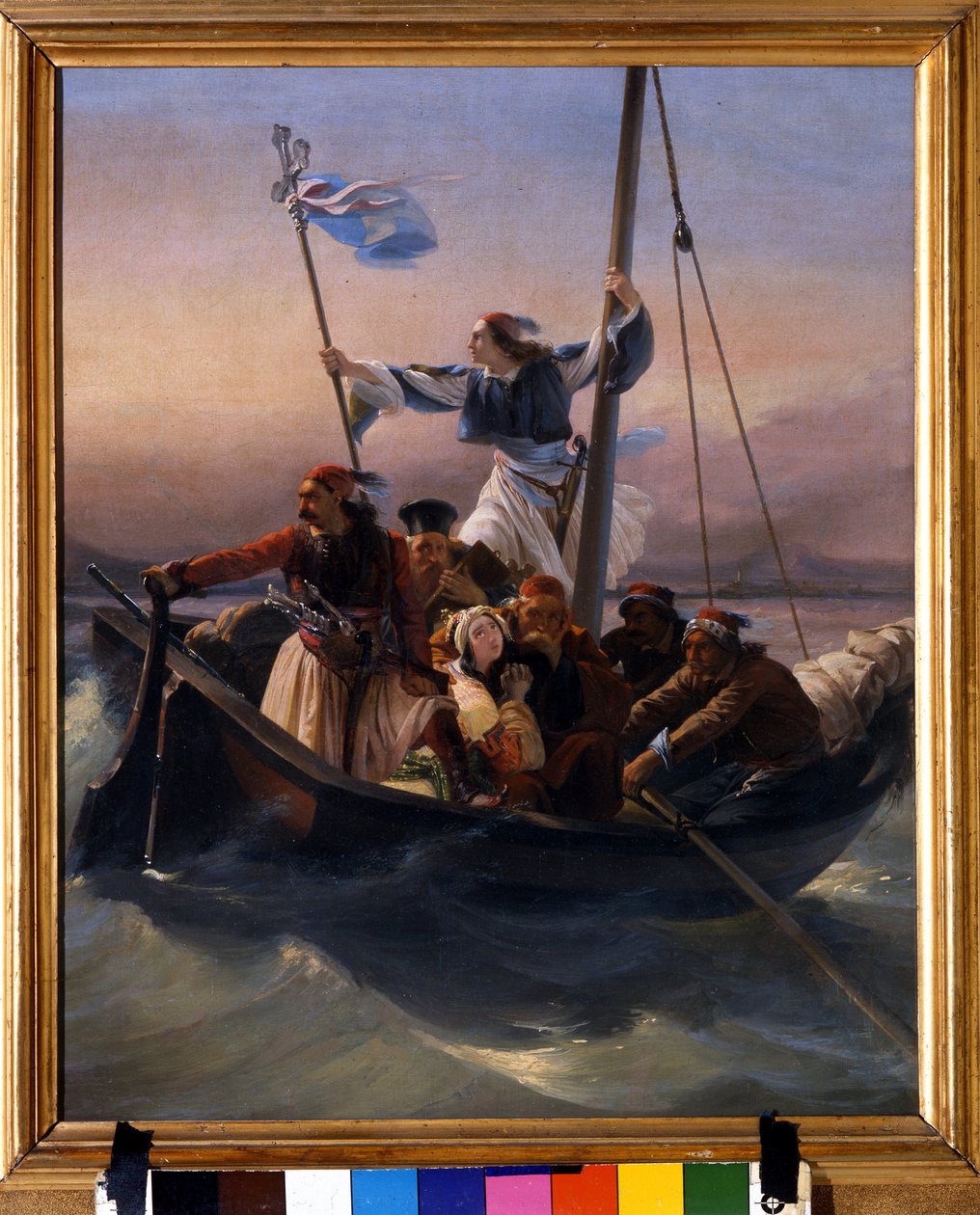 Grækere på et skib Allegori af Grækenland, der marcherer mod uafhængighed efter det osmanniske herredømme og den græske uafhængighedskrig (1821-1830) eller den græske revolution. Maleri af Ludovico Lipparini (1800-1856) 1848 Verone af Lodovico Lipparini