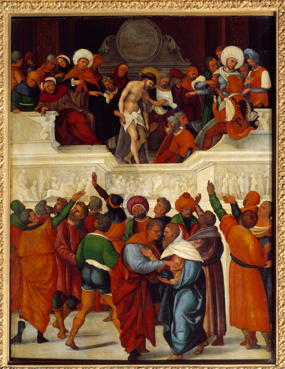 Ecce gay (Her er manden) (udtryk brugt af Pontius Pilatus (Pontius Pilatius) i oversættelsen af Vulgata af Johannesevangeliet (19:5), når han præsenterer Jesus for den slagne skare og tornekrone). Træmaleri af Ludovico Mazzolino (ca. 1480-omkring af Lodovico Mazzolino