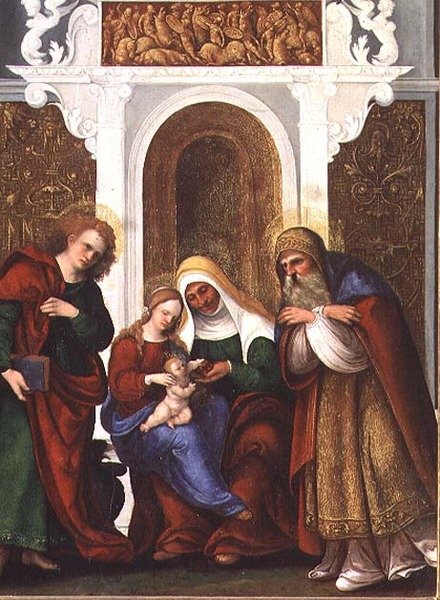 Madonna og barn med SS. Anne, evangelisten Johannes og Zacharias eller Madonna og kirken St.Anne (panel) af Lodovico Mazzolino