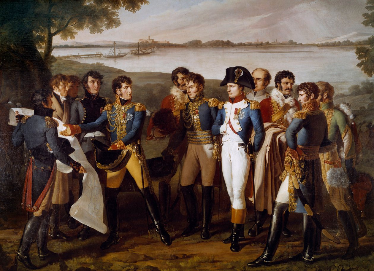 Napoleon I beordrede at lægge en bro over Donau ved Ebersdorf den 19. maj 1809. General Henri Gatien Bertrand (1773-1844) præsenterer broens plan for at passere gennem øen Lobau "" Detalje. Maleri af Ludovico Venuti (aktivt mellem 1799-1810) af Lodovico Venuti