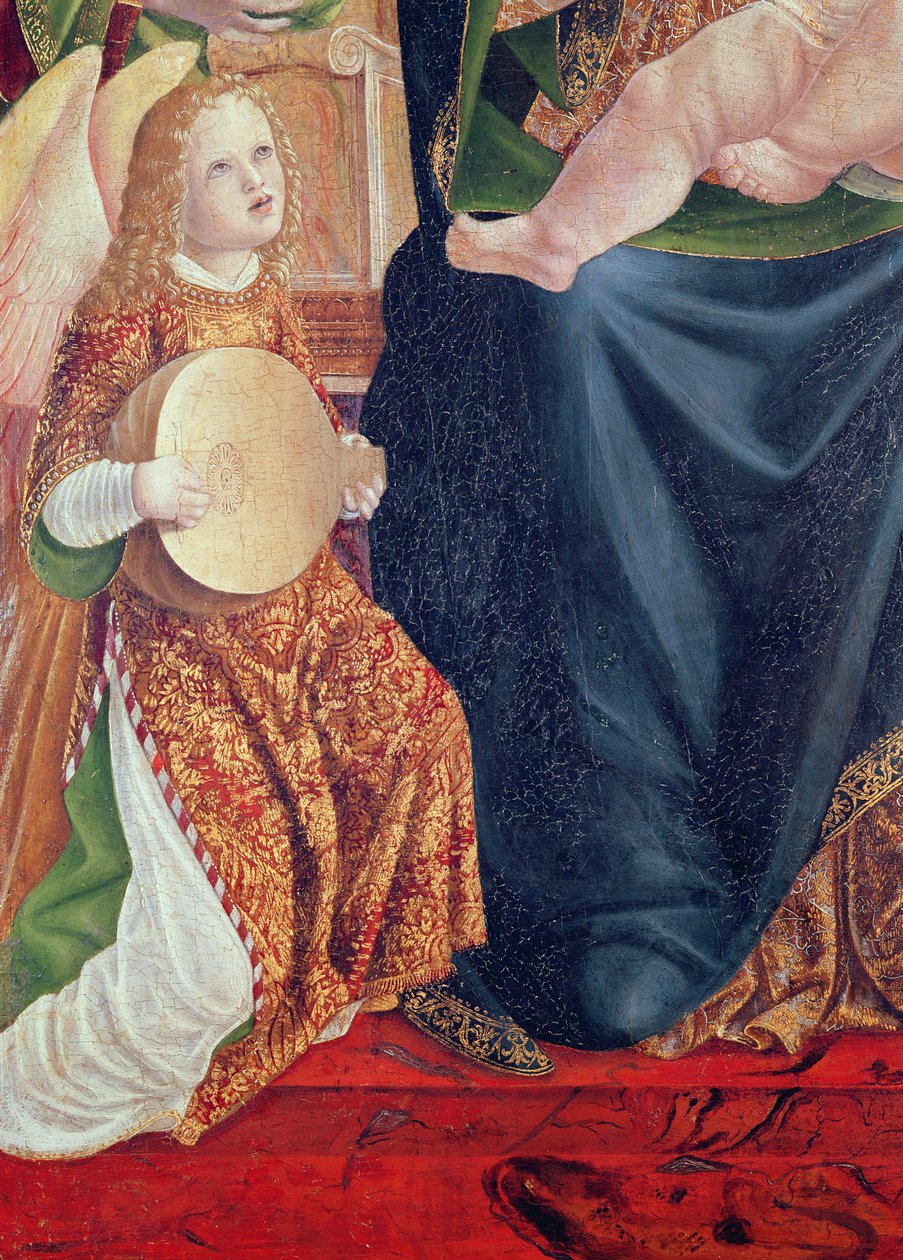 Madonna og barn med musikalske engle, detalje af en engel, der spiller lut, ca. 1490-1500 (tempera på panel) af Lombard School