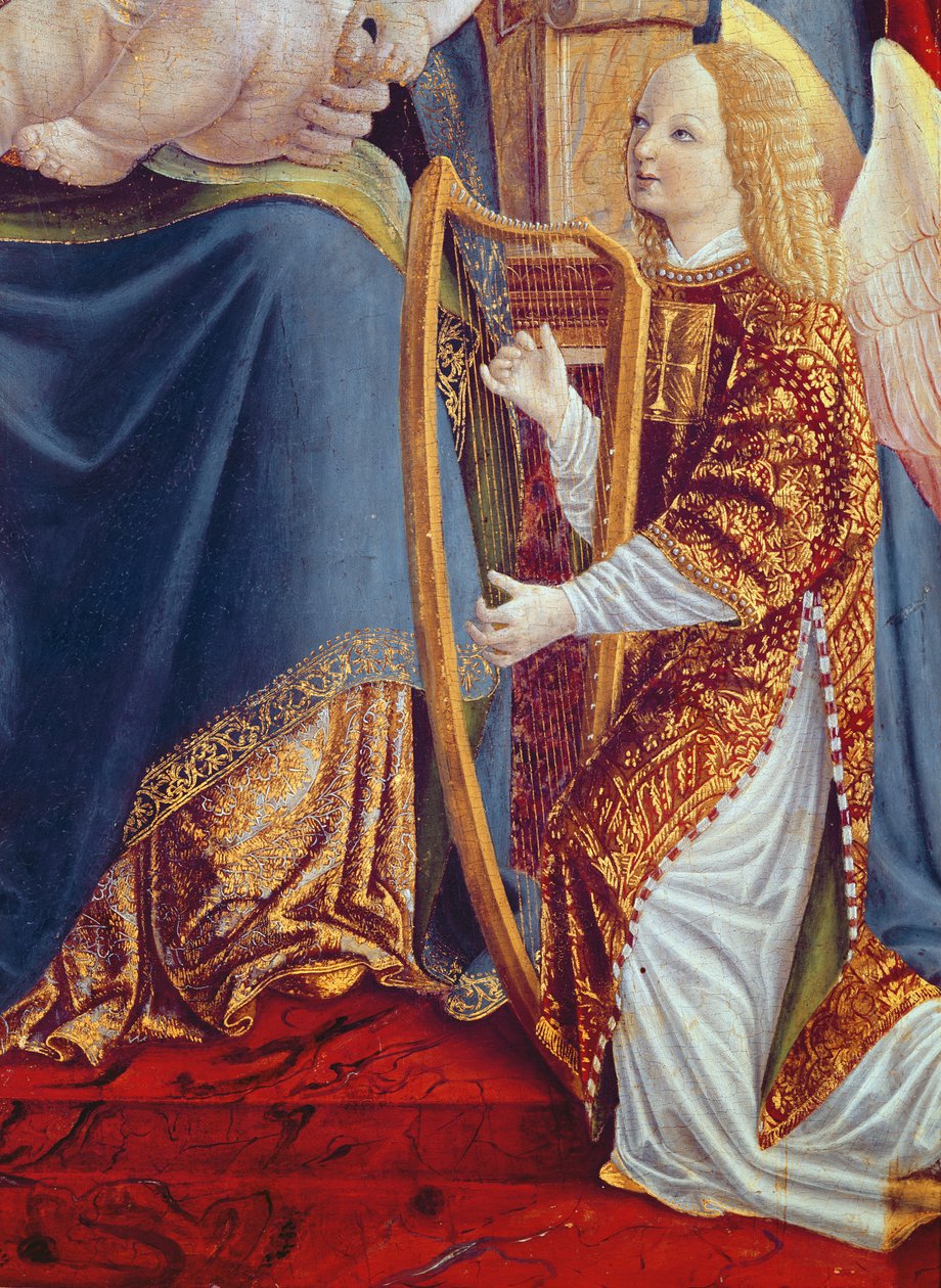 Madonna og barn med musikalske engle, detalje af musikalsk engel, der spiller på harpe, ca. 1490-1500 (tempera på panel) af Lombard School