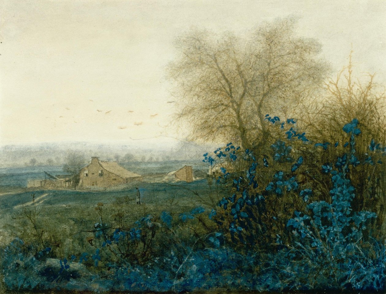 Landskab med et bondehus og en bonde, der kører en trille af Léon Bonvin