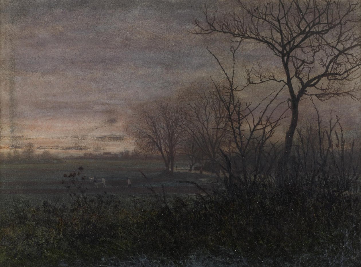 Pløjning i skumringen, 1865 (wc og pen og blæk på papir) af Léon Bonvin