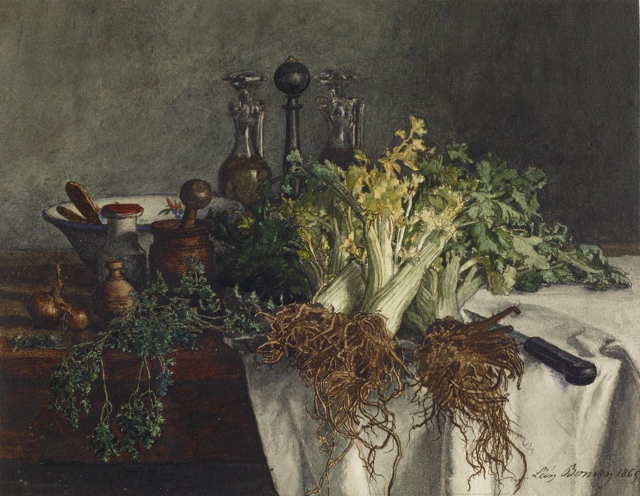Stilleben på køkkenbordet med selleri, persille, skål og kruetter, 1865 (wc og pen og blæk på papir) af Léon Bonvin
