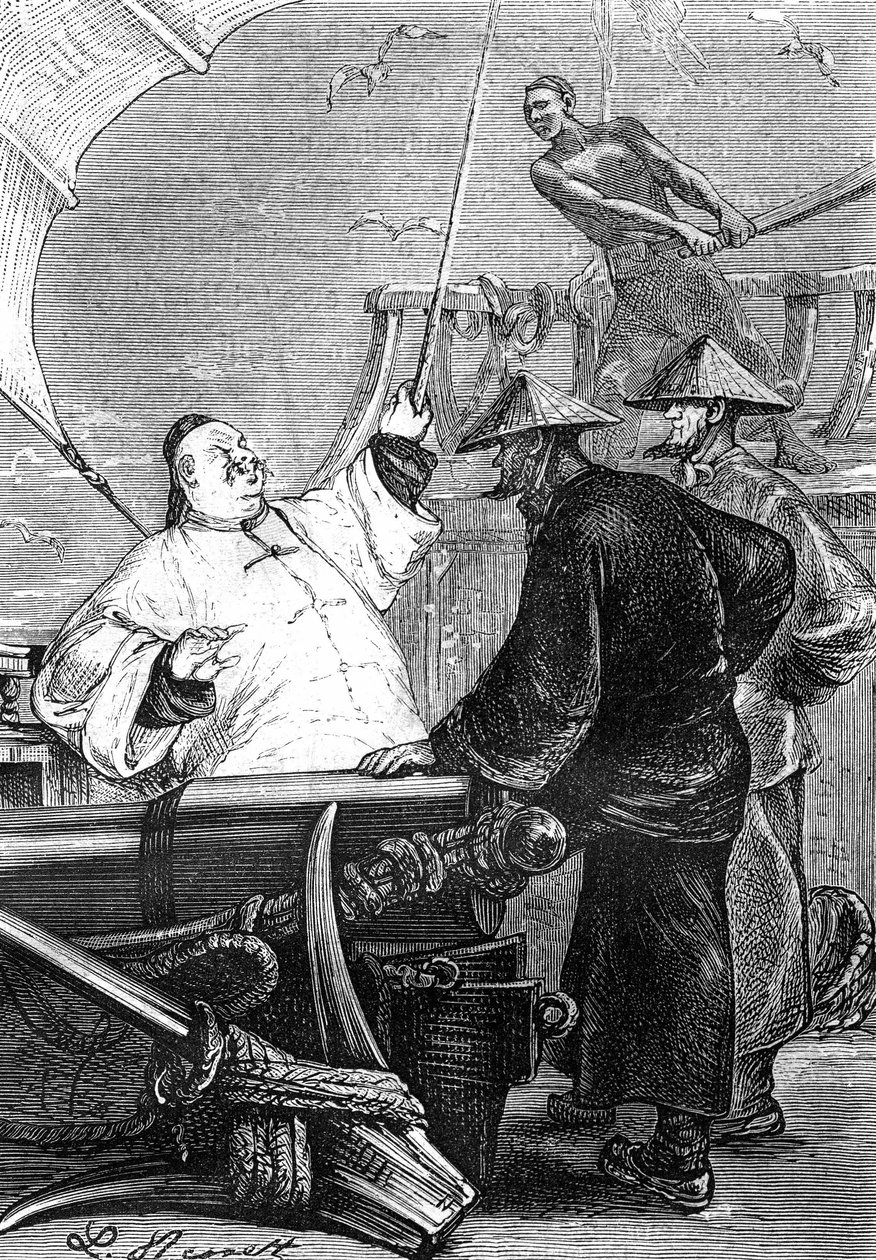 Tegning af Leon Benett, fra Jules Vernes bog "The Tribulations of a Chinese in China" - Hetzel edition/Extraordinary Voyages 1879. af Léon Benett