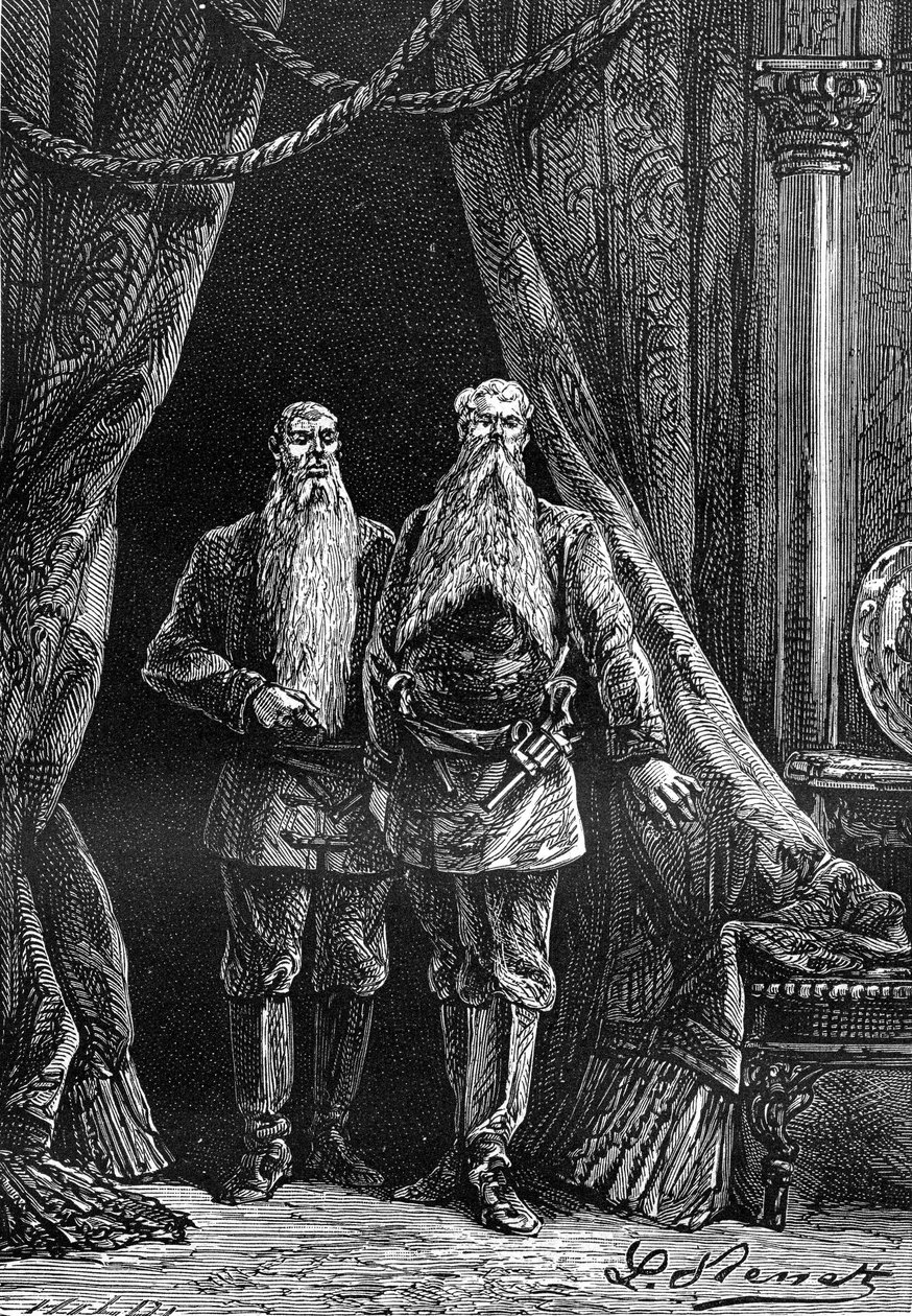 Tegning af Leon Benett, fra Jules Vernes bog "The 500 million of the Begum" - udgave Hetzel/Extraordinary Voyages 1879. Udseende af Arminius og Sigimer, to imponerende skæggede. af Léon Benett