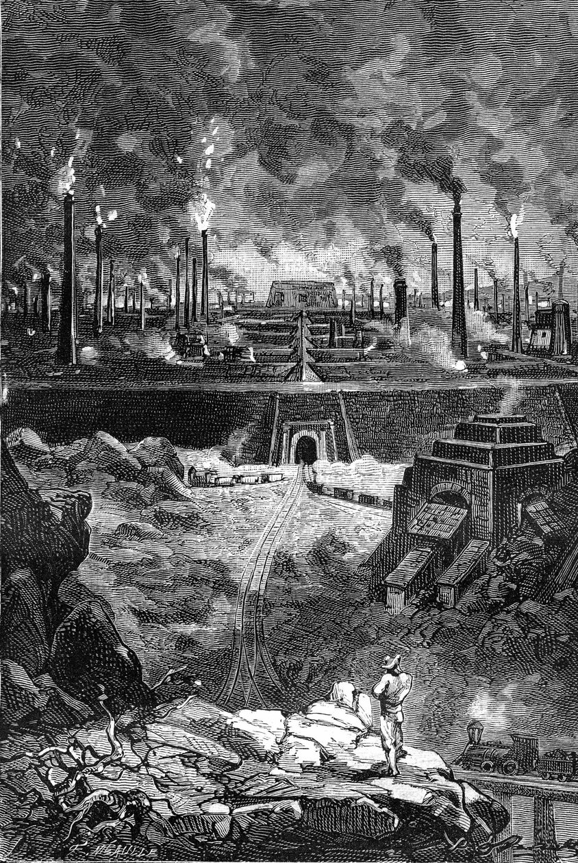 Tegning af Leon Benett, fra Jules Vernes bog "The 500 million of the Begum" - udgave Hetzel/Extraordinary Voyages 1879. Udsigt over "Stålbyen", et gigantisk sæt af fabrikker (højovne - stålstøberier) af Léon Benett